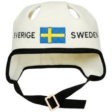 White sauna and hot tub hat in the shape of a hockey helmet, with the text Sverige-Sweden and the Swedish flag.
