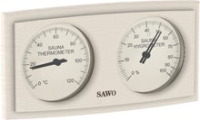 SAWO curved rectangular thermometer and hygrometer in aspen wood.
