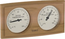 SAWO curved rectangular thermometer and hygrometer in cedar wood.