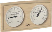 SAWO curved rectangular thermometer and hygrometer in pine wood.