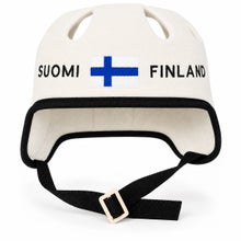 White ice hockey helmet-style sauna and hot tub hat with the text &ldquo;Suomi-Finland&rdquo; and a Finnish flag.