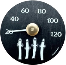 Moomin-themed sauna thermometer with a Hattifatteners illustration.