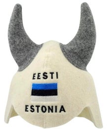 White sauna and hot tub hat with Eesti-Estonia text, the Estonian flag, and grey antlers.