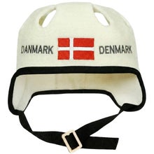White sauna and hot tub hat in a hockey helmet style, with the text Danmark-Denmark and the Danish flag.