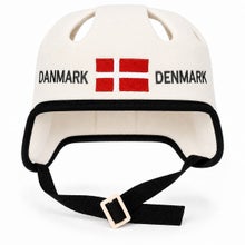 White sauna and hot tub hat in a hockey helmet style, with the text Danmark-Denmark and the Danish flag.