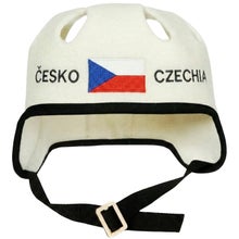 White sauna and hot tub hat in a hockey helmet style, with the text Česko-Czechia and the Czech flag.