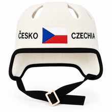 White sauna and hot tub hat in a hockey helmet style, with the text Česko-Czechia and the Czech flag.
