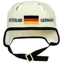 White sauna and hot tub hat in a hockey helmet style, with the text Deutschland-Germany and the German flag.