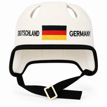 White sauna and hot tub hat in a hockey helmet style, with the text Deutschland-Germany and the German flag.