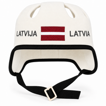 White sauna and hot tub hat in a hockey helmet style, with the text Latvija-Latvia and the Latvian flag.