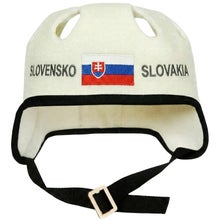 White sauna and hot tub hat in a hockey helmet style, with the text Slovensko-Slovakia and the Slovak flag.