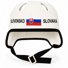 White sauna and hot tub hat in a hockey helmet style, with the text Slovensko-Slovakia and the Slovak flag.