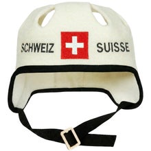 White sauna and hot tub hat in a hockey helmet style, with the text Schweiz-Suisse and the Swiss flag.