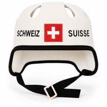 White sauna and hot tub hat in a hockey helmet style, with the text Schweiz-Suisse and the Swiss flag.
