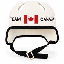 White sauna and hot tub hat in a hockey helmet style, with the text Team Canada and the Canadian flag.