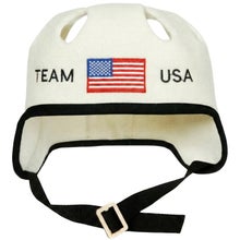 White sauna and hot tub hat in a hockey helmet style, with the text Team USA and the American flag.