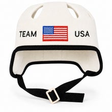 White sauna and hot tub hat in a hockey helmet style, with the text Team USA and the American flag.