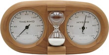 Saunia combined sauna thermometer, hygrometer and hourglass made of heat-treated wood.