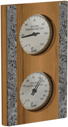 SAWO cedar sauna thermo-hygrometer with soapstone trim.