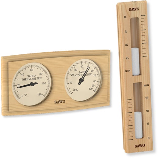 SAWO thermometer, hygrometer + hourglass, pine