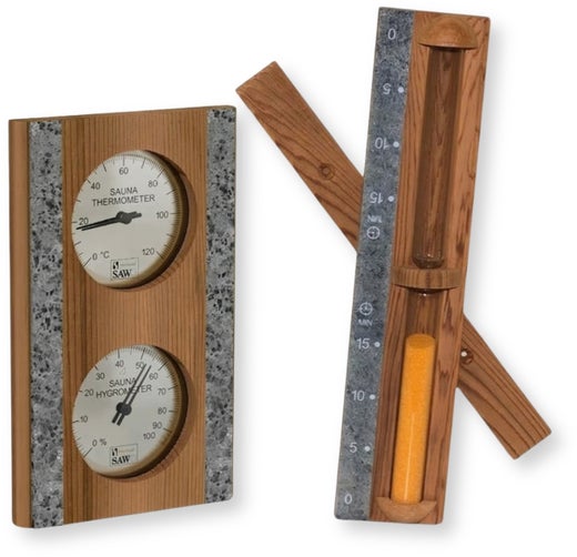 SAWO thermometer, hygrometer + hourglass, cedar & soapstone